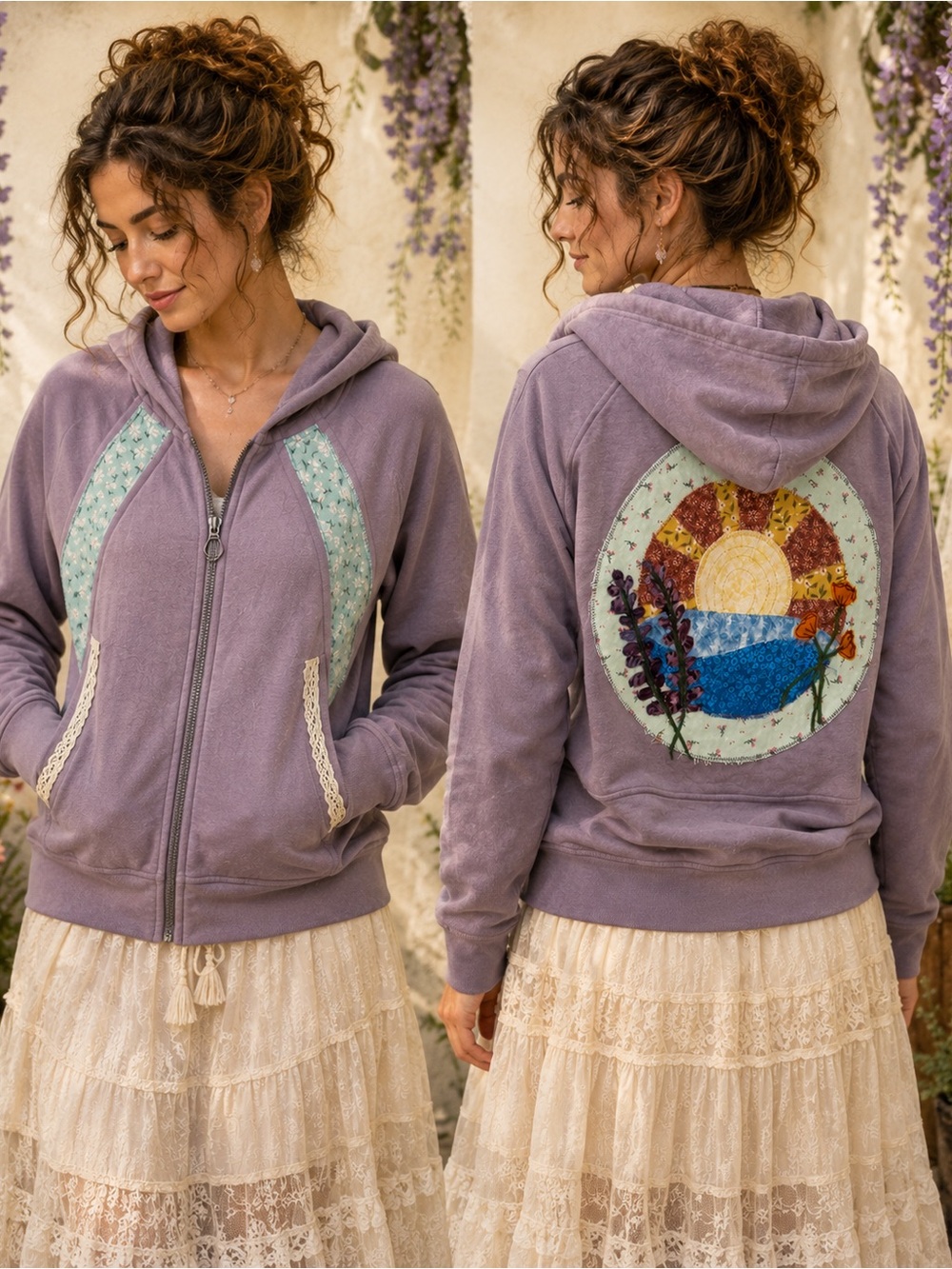 Handmade Upcycled Lilac Zip Hoodie | Patchwork Sunrise Small - Picture 2 of 11